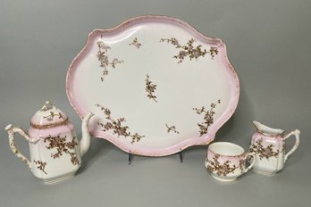 Vintage AK Limoges Pink And Gold Coffeepot, Sugar Bowl And Creamer With Serving Tray