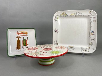 Three  Christmas Serving Dishes Including A Sur La Table Footed Cake Dish