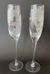 Pair Of Etched Glass Champagne Flutes