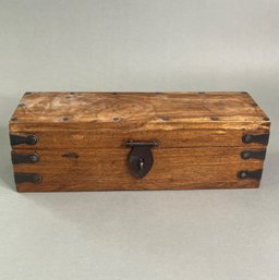 Chinese Wood Scroll  Box With Metal Handles And Lock
