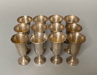Set Of 12 Sterling Silver Toasting Or Cordial Glasses