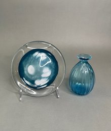 Blue Art Glass Vase And Display Dish, Possibly Murano