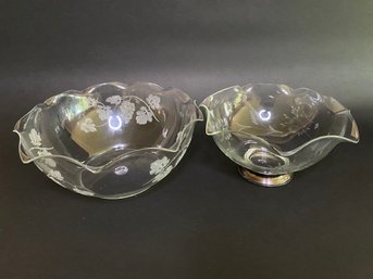 Two Vintage Etched Glass Serving Bowls