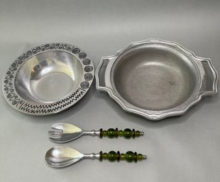 Two Wilton Pewter Bowls With Two Beaded Handle Servers