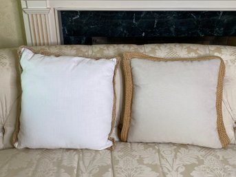 Two Throw Pillows With Jute Trim-One Is Pier 1 In White, Other Is Cream