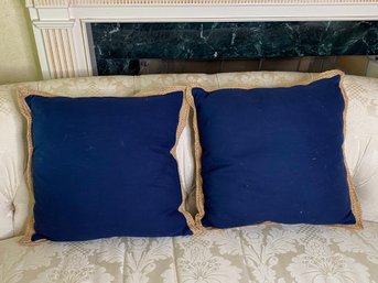 Two Pier 1 Linen Throw Pillows With Jute Edging In Navy