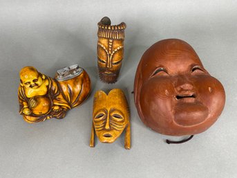 Asian Collectables Including Wood Table Lighter And Masks