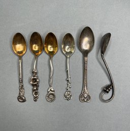 Reed & Barton Floral Decorated Sterling Silver Salt Spoons With Two Misc. Spoons