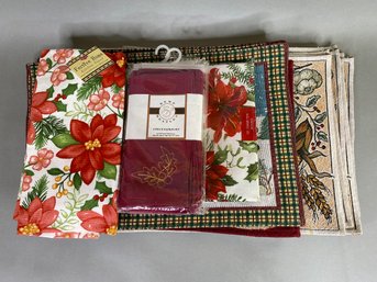 Assortment Of Christmas And Harvest Placements, Tablecloth, Napkins And Kitchen Towel