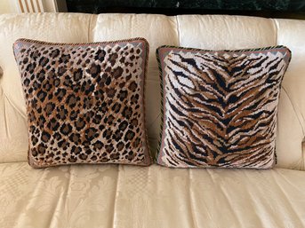 Two Embroidered Animal Print Throw Pillows With Velvet Backing