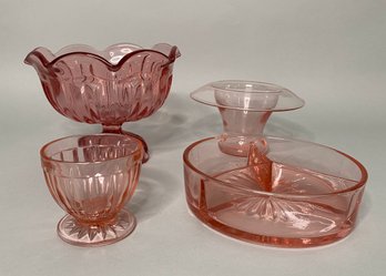 Group Of Three Pink Glass Serving Pieces And A Vase