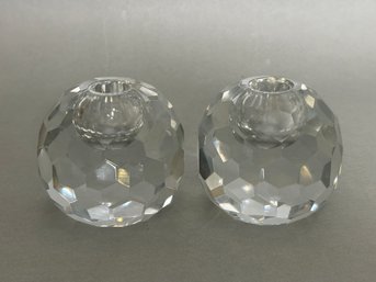 Pair Of Cartier Round Faceted Crystal  Candlesticks