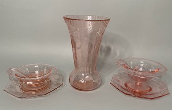 Two Vintage Pink Etched Glass Footed Condiment Bowls With Ladles And Underplates Together With Etched Vase