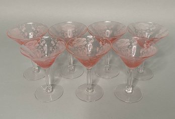 Set Of  Seven Pink And Clear Glass Vintage Floral Etched Cocktail Coupe Glasses