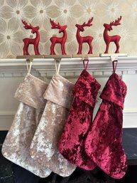 Four Glitter Red Reindeer Christmas Stocking Holders With Nicole Miller Home Velvet Stockings