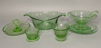 Collection Of Vintage Green Depression And Pressed Glass: Federal, Vaseline Glass