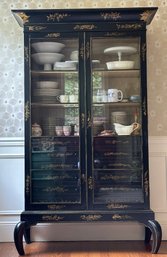 Modern History Chinoiserie  Black Lacquer And Gilt Decorated Display Cabinet