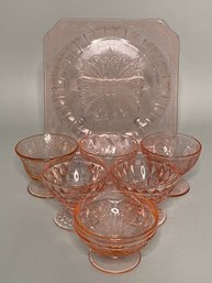 Jeanette Adam Pattern Depression Glass Platter With Associated Set Of Pattern Glass Sherbet Cups
