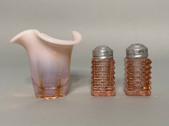 Anchor Hocking Depression Glass Salt & Pepper Set With Opalescent Pink Glass Bud Vase, Possibly Duncan & Mille