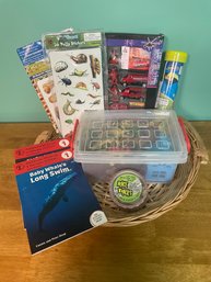 Adventurer Kids Toy Basket Featuring Dinosaurs, Fire Rescue, Insect Stickers, Books , And More