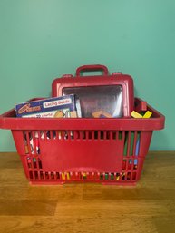 Wooden Blocks, Wooden Lacing Beads, And Bristle Block Toy Basket
