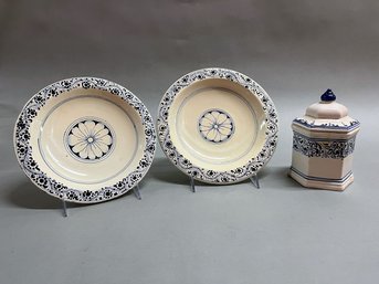 Blue And White Ceramic Dishes And Covered Jar