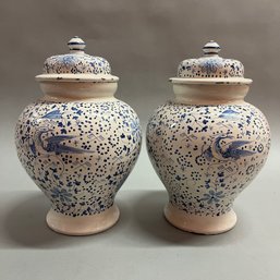 Two Blue And White Covered Jars