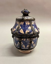 Hand Painted Blue And White Ceramic Covered Jar