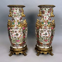 Pair Of Large Chinese Export Rose Medallion Style Vases On Stands, C. Mid-20th Century