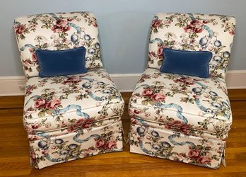 Pair Of Harden Slipper Chairs With Floral Upholstery And Blue Velvet Kidney Pillows
