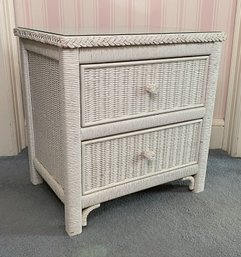 Vintage Henry Link White Wicker Bedside Two Drawer Chest, C 1980s