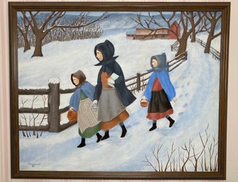 Unknown Naive Artist Folk Art Style Painting Of Three School Girls In The Snow