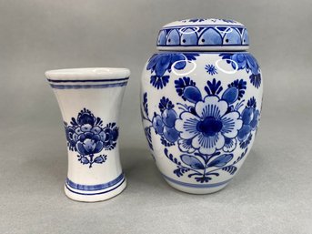 Delft Covered Jar And Bud Vase