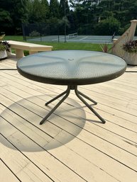 Brown Jordan Round Glass Top Dining Table With Tubular Metal Base