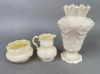 Beelleek Vase With Sugar Bowl And Creamer