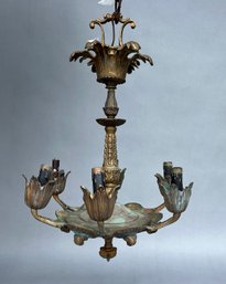 Six Arm Brass Tulip Form Chandelier With Black Candle Casing