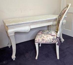 Italian Tuscan Style Ivory Desk With Stone Top And Chair