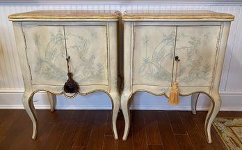 Pair Of  French Provincial Style Painted And Chinoiserie Decorated Cabinets With Marble Tops And Gilt Trim