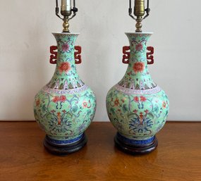 Chinese Export Turquoise Ground Famille Rose Vases Mounted As Lamps (2)