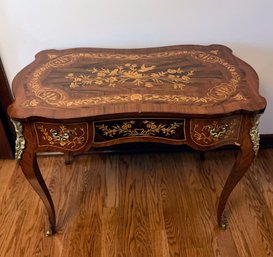 Louis XV Style Marquetry Inlaid Bureau Plat Desk With Ormolu Mounts, C. 20th Century