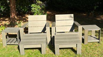 Pair Of Gray 'Poly Wood' Adirondack Style Chairs With Ottomans And Side Tables