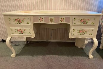 Custom Made White Desk And Matching Hutch Hand Painted With Floral And Artist Themed Decoration