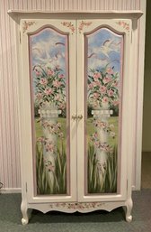 Custom Made White Armoire With Hand Painted Floral Decoration