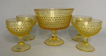 Amber Glass Hobnail Footed Compote And Four Dessert Cups