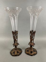 Pair Of Crystal Vases With Bronze Bases, Made In Hungary