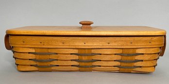 Longaberger Baskets Handwoven Covered Oblong Basket With Leather Handles, 1997