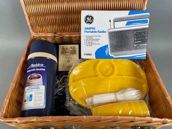 Picnic Basket With Wool Blanket, Radio, Plastic Plates And Thermos