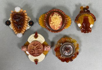 Artisan Made Carved Mixed Media Brooches