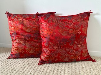 Pair Of Chinese Silk Pillows With Cotton Backing