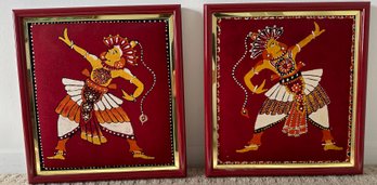 Two Indian Batik Prints In Red